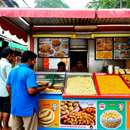 Home 7 **Image Prompt:** A vibrant food kiosk in Bangladesh, showcasing a popular micro-franchise with customers enjoying local snacks. Focus on the kiosk's branding and the lively street scene. Capture the essence of a successful small business in a bustling market setting.