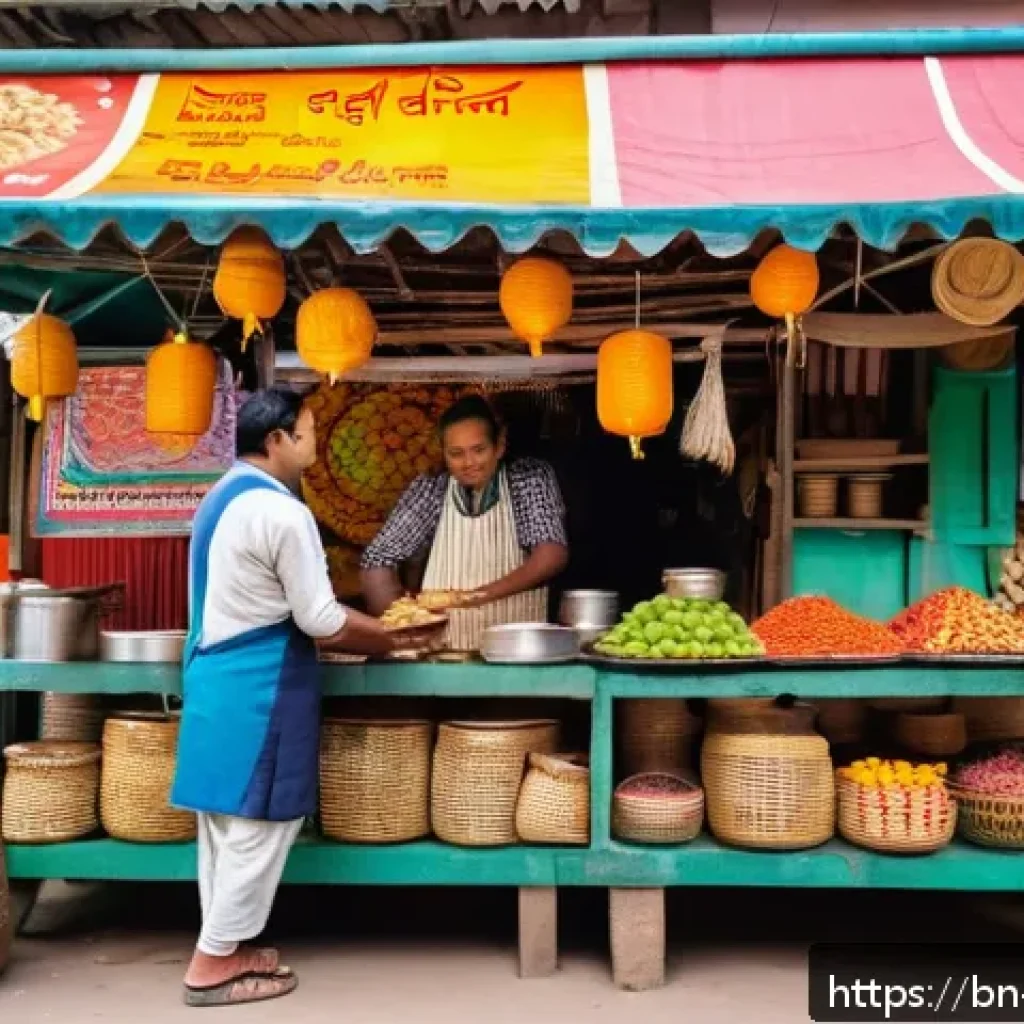 마이크로 프랜차이즈와 소자본 창업 - A vibrant local Bengali marketplace scene showing a small food stall owner, a middle-aged man wearin...